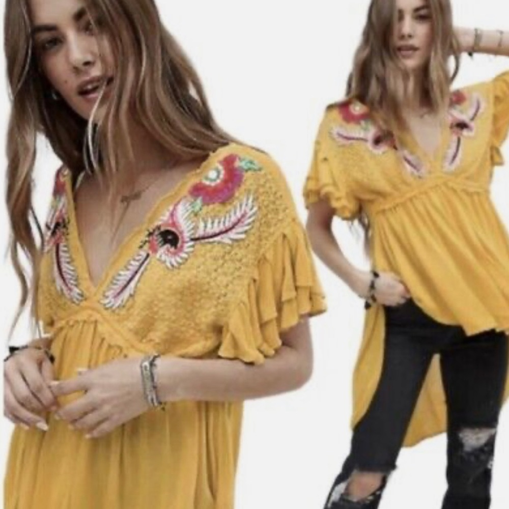 Free People Yellow Embroidered V‑Neck Boho Top